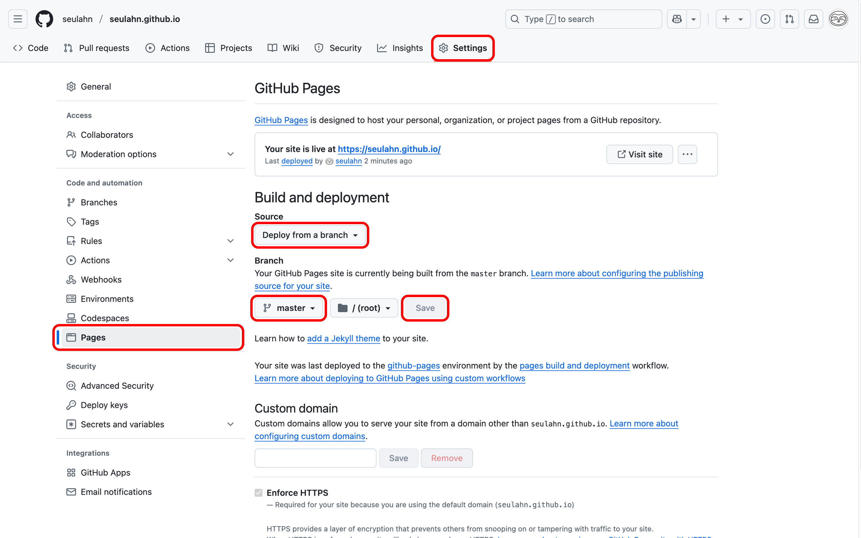 GitHub Pages 설정 화면