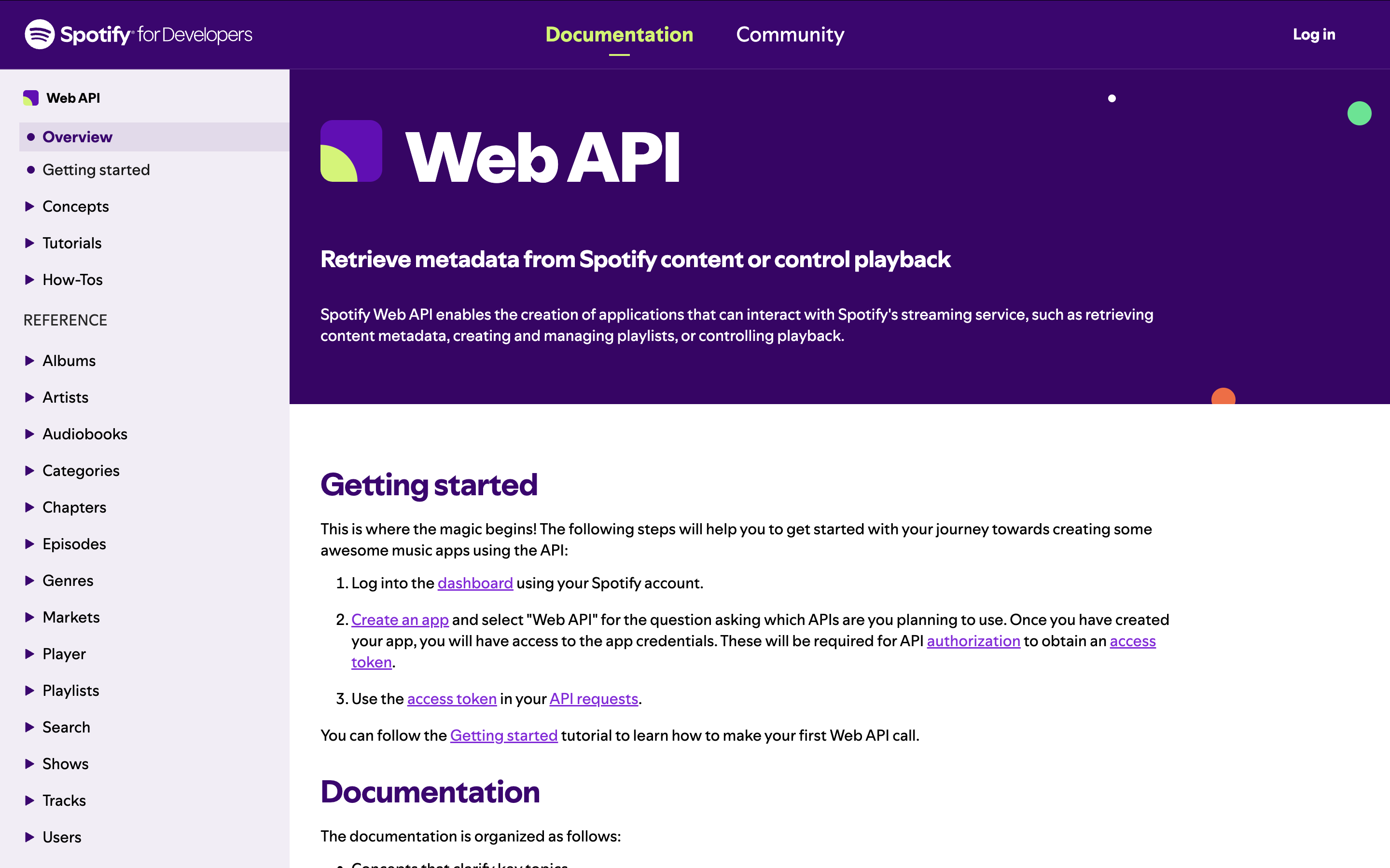 스포티파이 웹 API 문서 화면